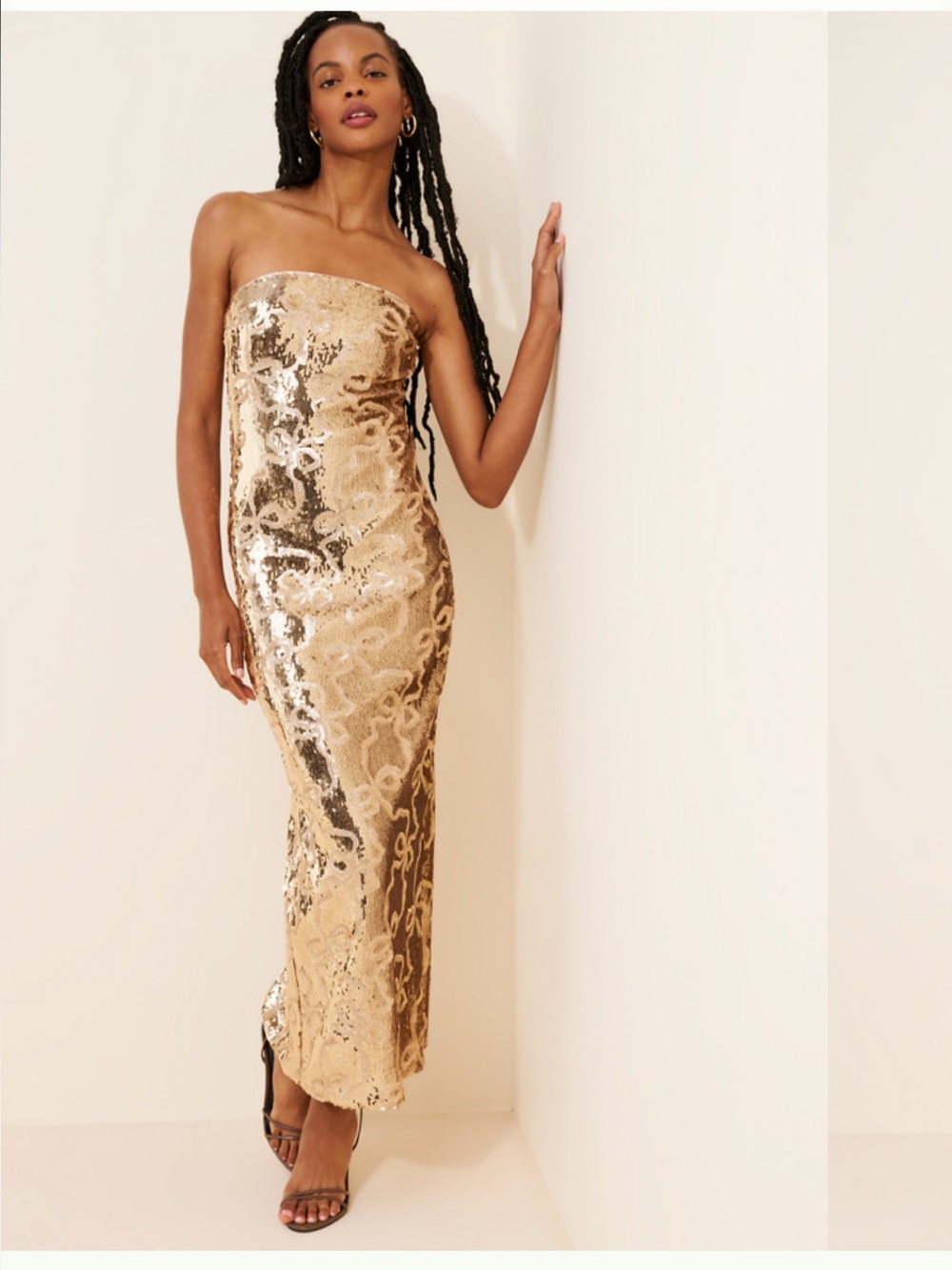 If By Sea Anthropologie Strapless Bow Sequin Maxi Dress